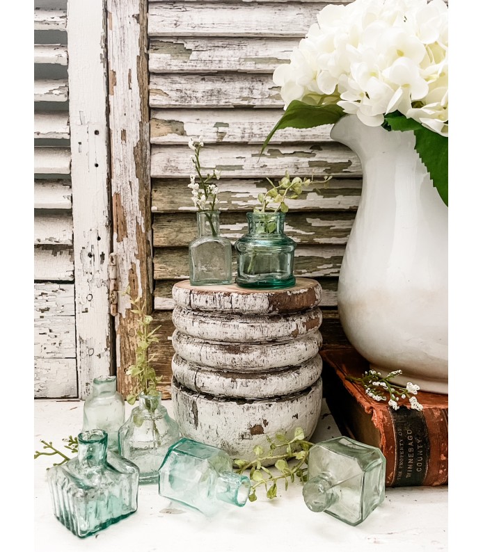 Set of Antique English Aqua Glass Ink Wells - Set of 3, Various shapes - LTD